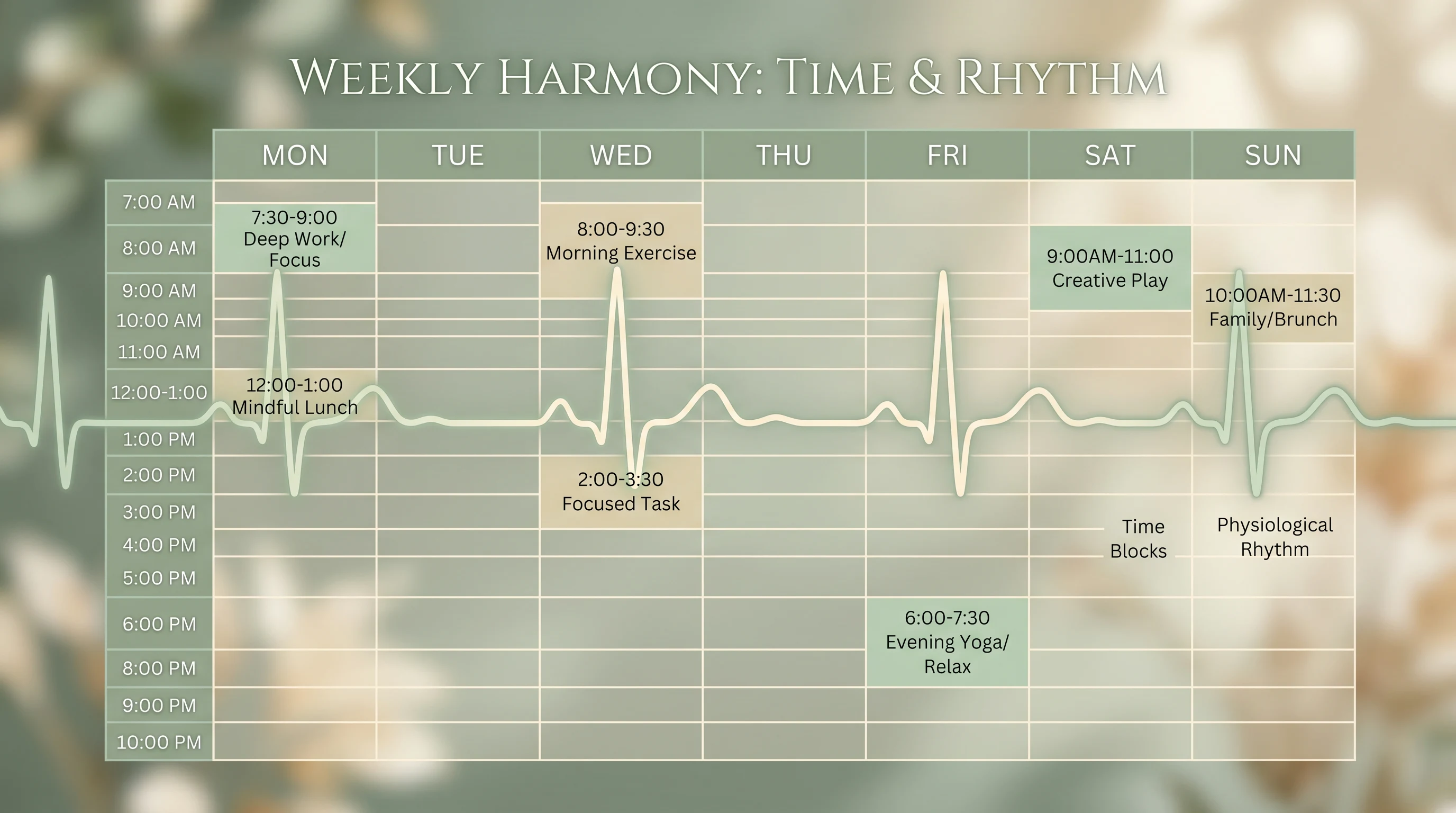 Calendar grid merged with heart rate variability waveform illustrating the physiological connection between meeting density and stress response