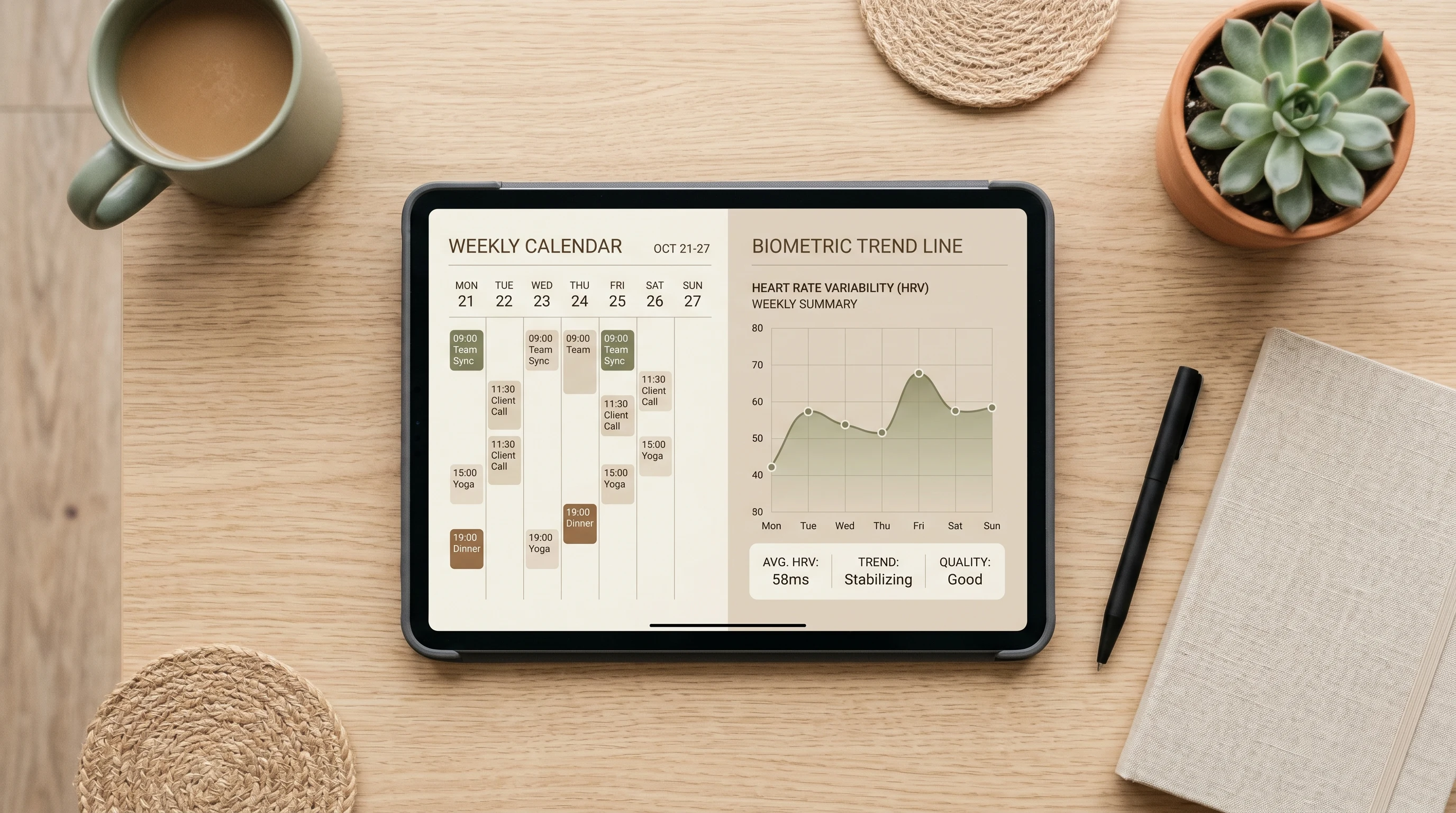 LIFE app interface showing synchronized calendar density metrics and HRV trends side by side