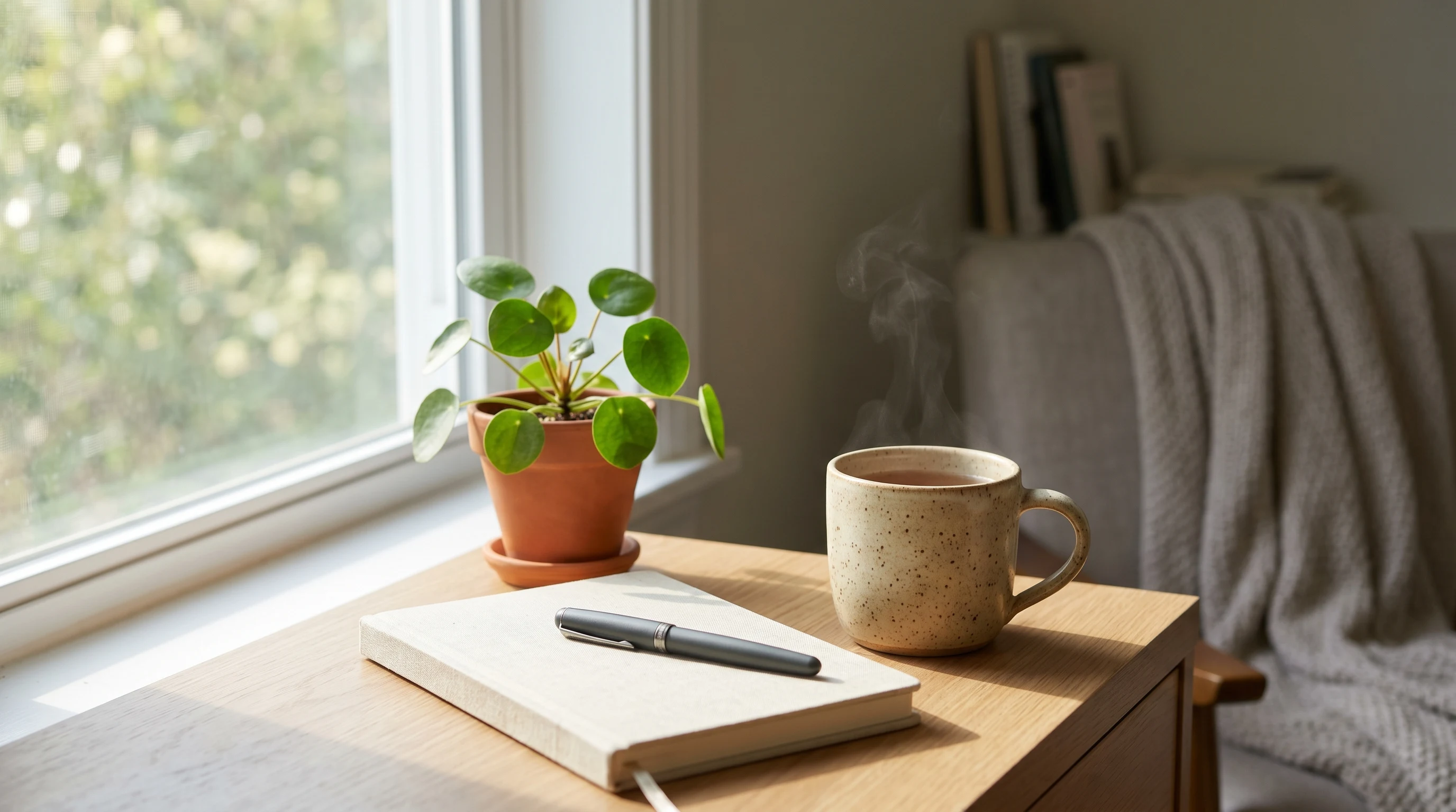 Peaceful unscheduled time represented by an empty desk with natural elements and soft lighting