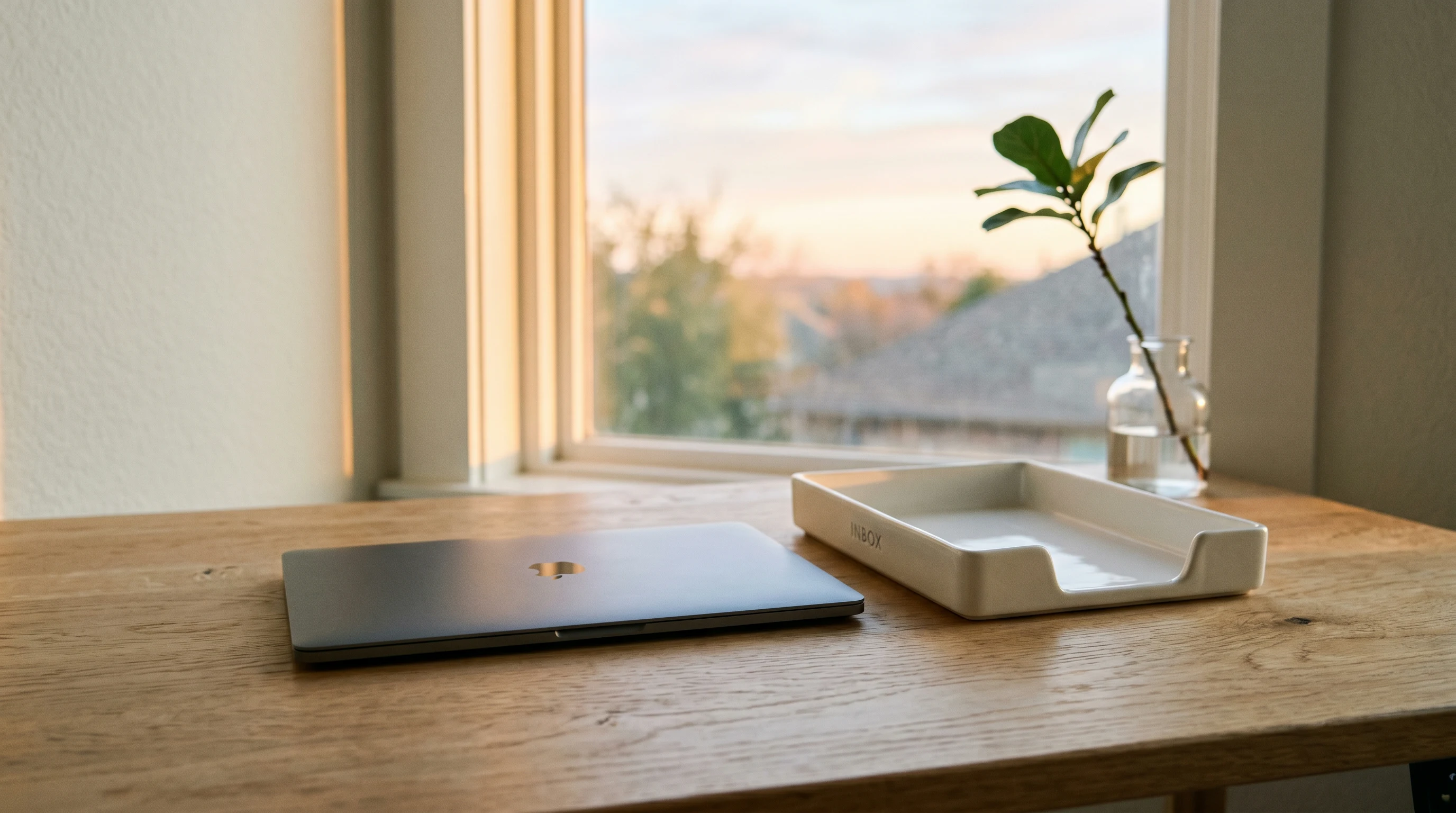 Minimalist workspace representing inbox zero with natural morning light and calm aesthetic