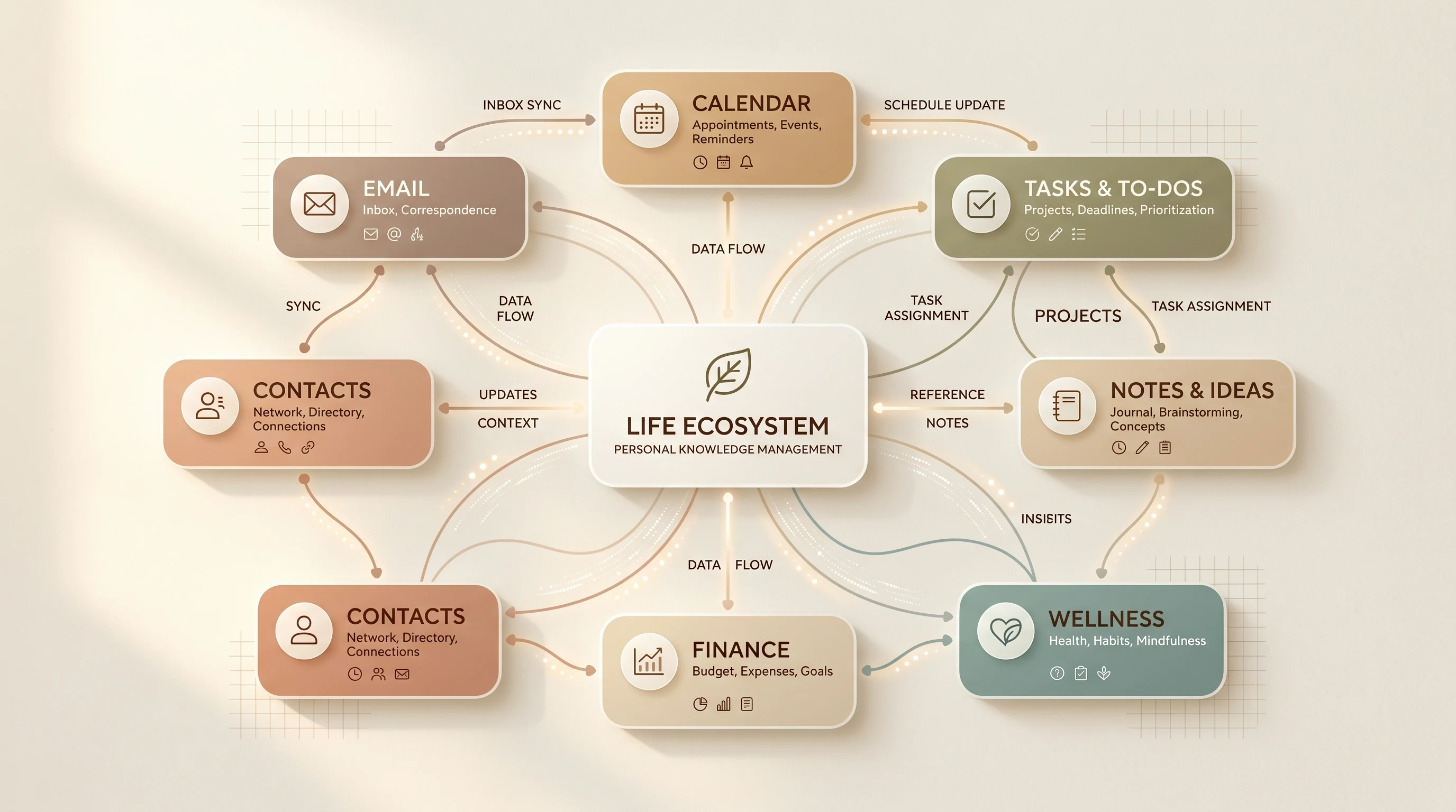 Visual diagram of contextual inbox architecture showing email integration with calendar tasks and life modules