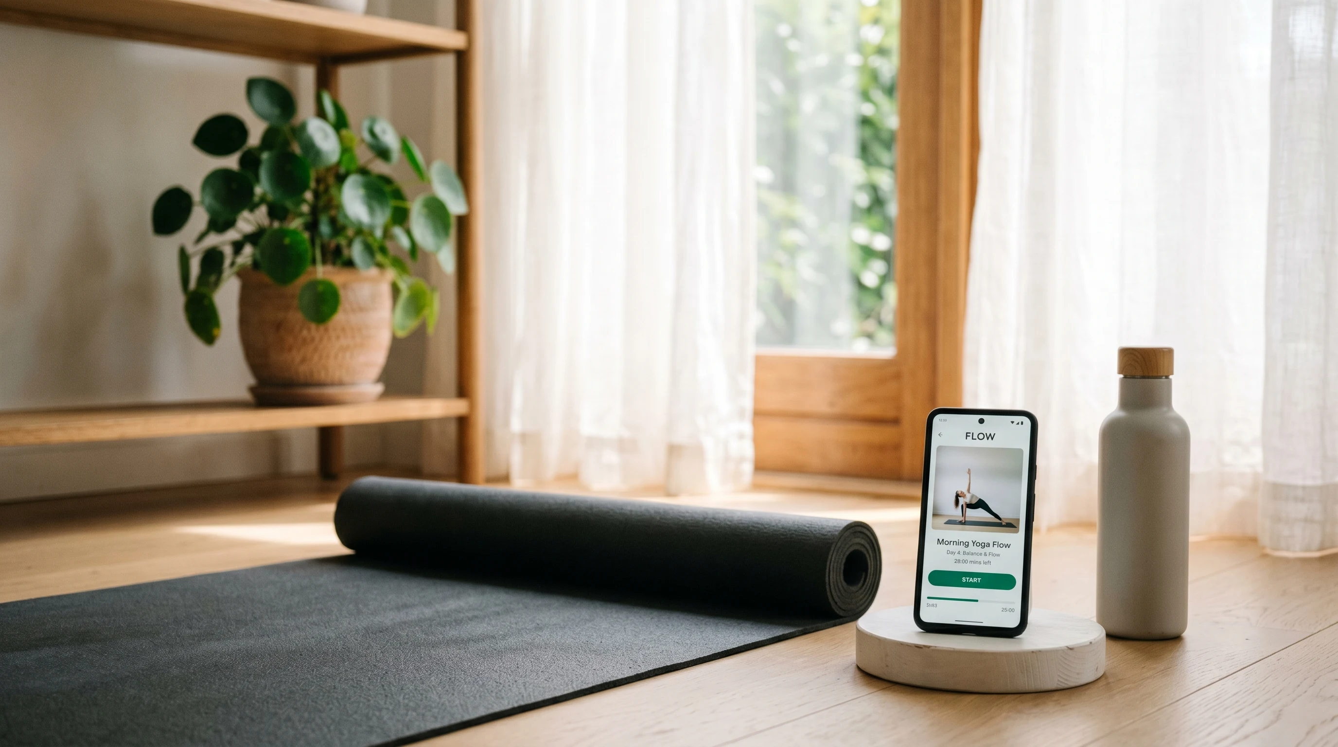 AI fitness coach interface on smartphone next to yoga mat in naturally lit room