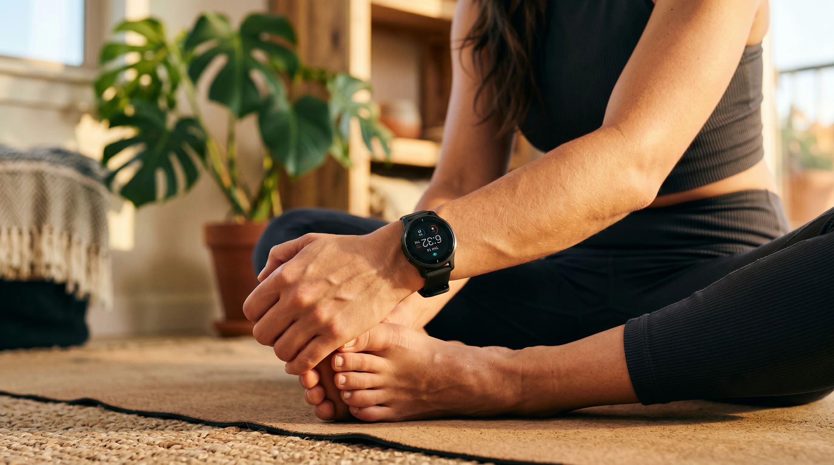 Fitness tracker on wrist during stretching exercise with natural lighting