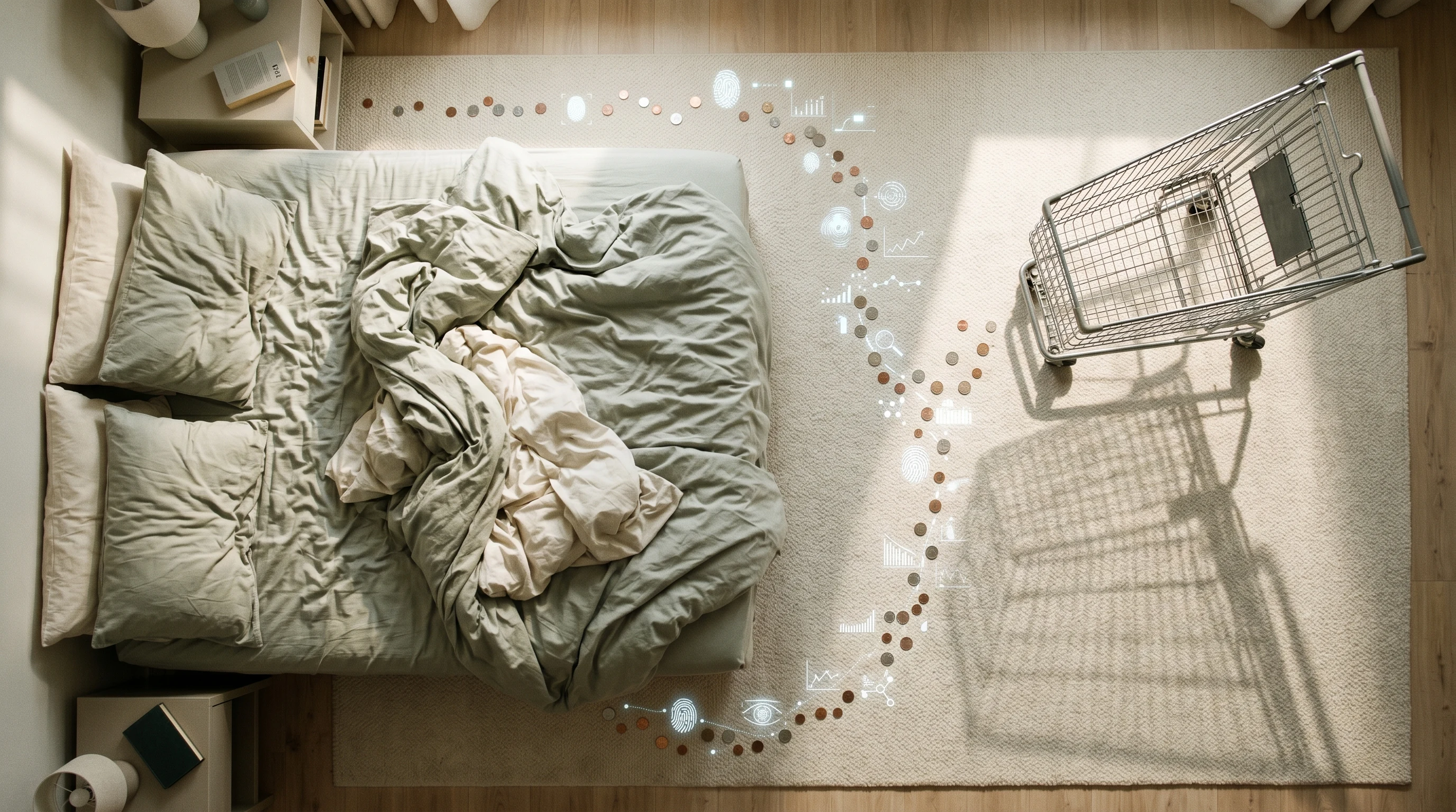 Split scene showing unmade bed and shopping cart connected by coins representing the link between sleep quality and spending patterns