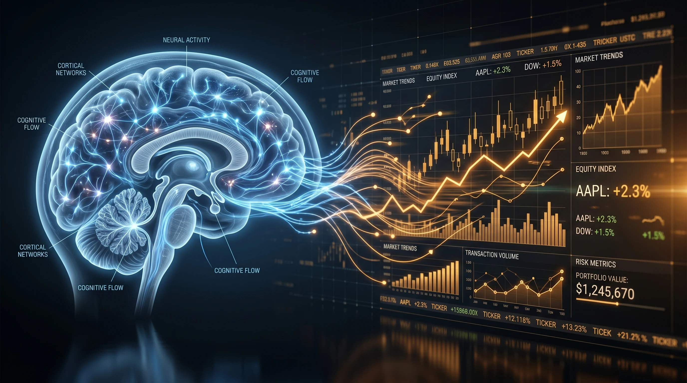 Abstract visualization of brain activity patterns merging with financial transaction data streams