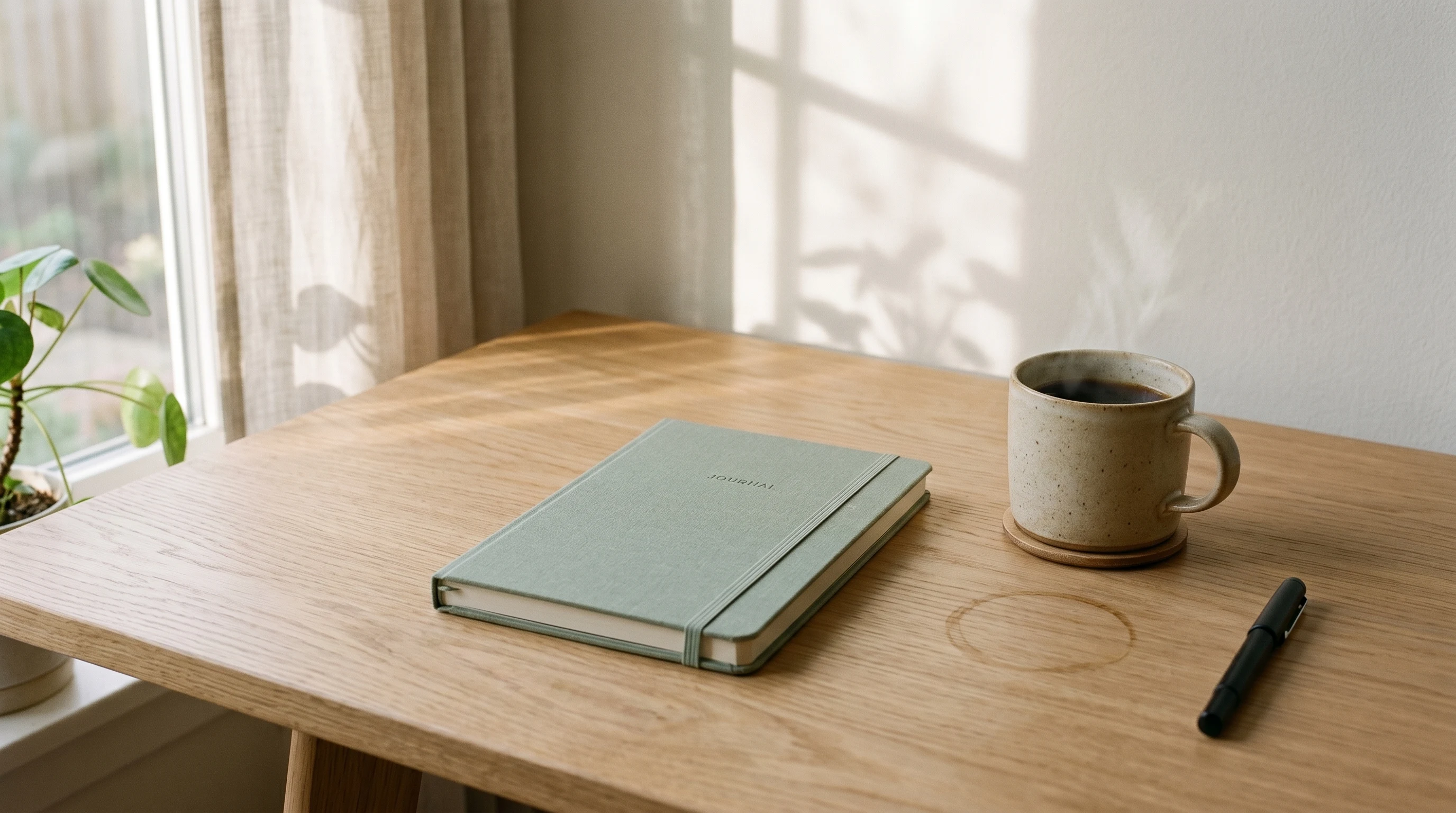 Minimalist desk with closed notebook and morning light representing unused knowledge and note-taking systems