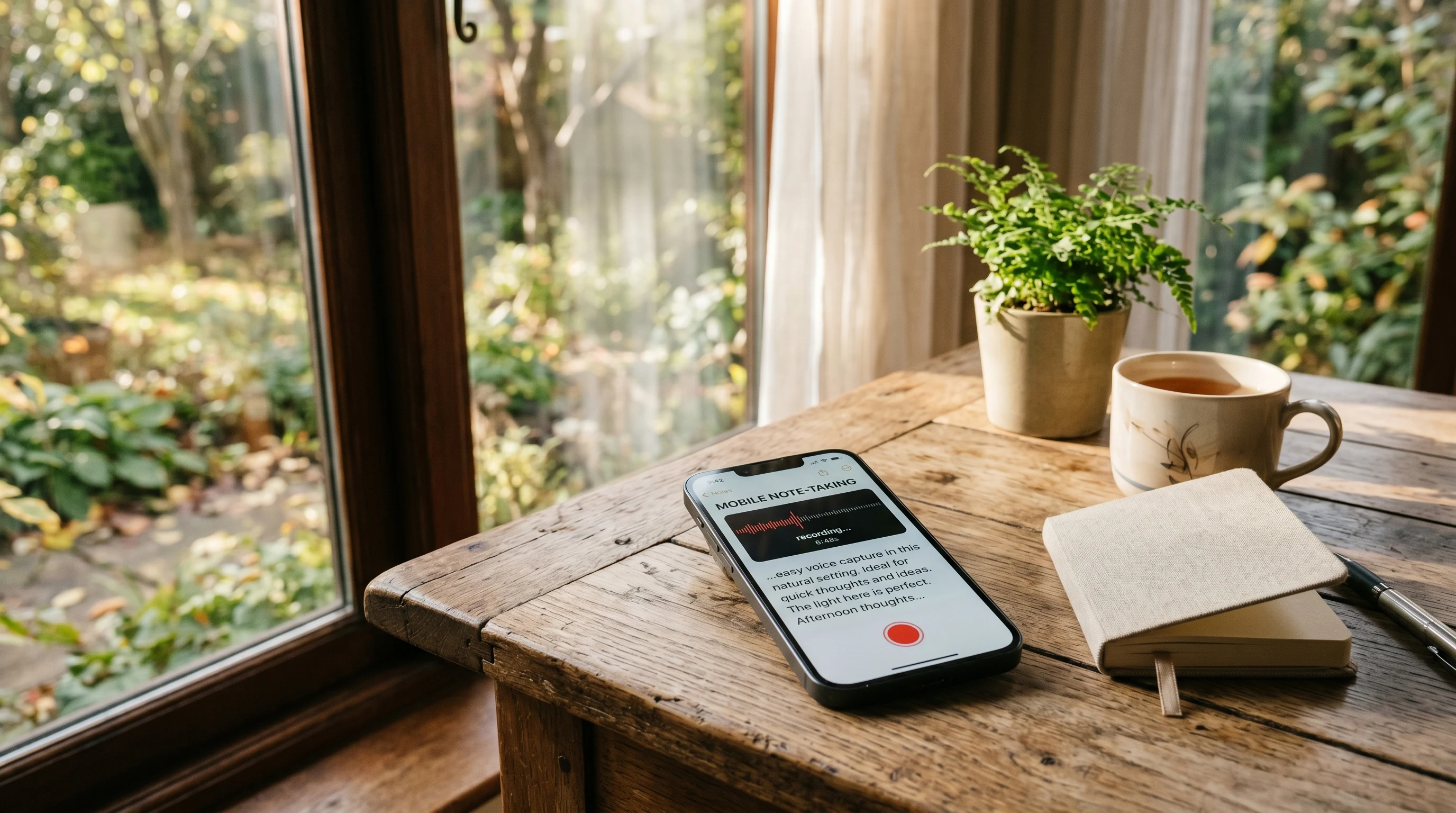 Smartphone on wooden surface with natural light representing voice memo capture and mobile-first note-taking
