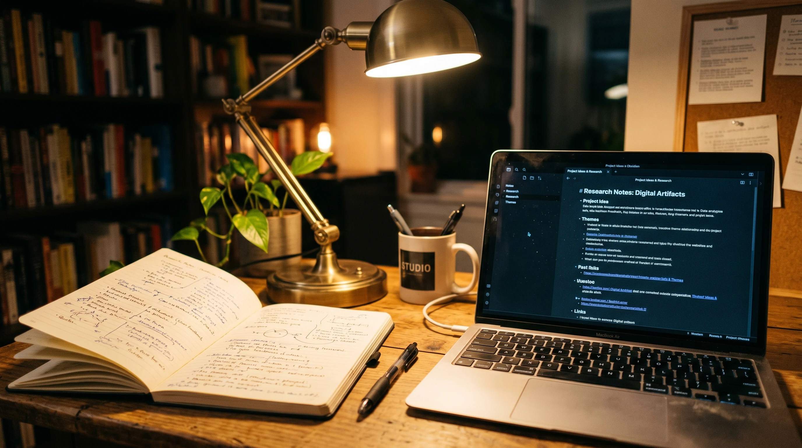 Open notebook beside laptop with note-taking app representing hybrid analog-digital note capture systems
