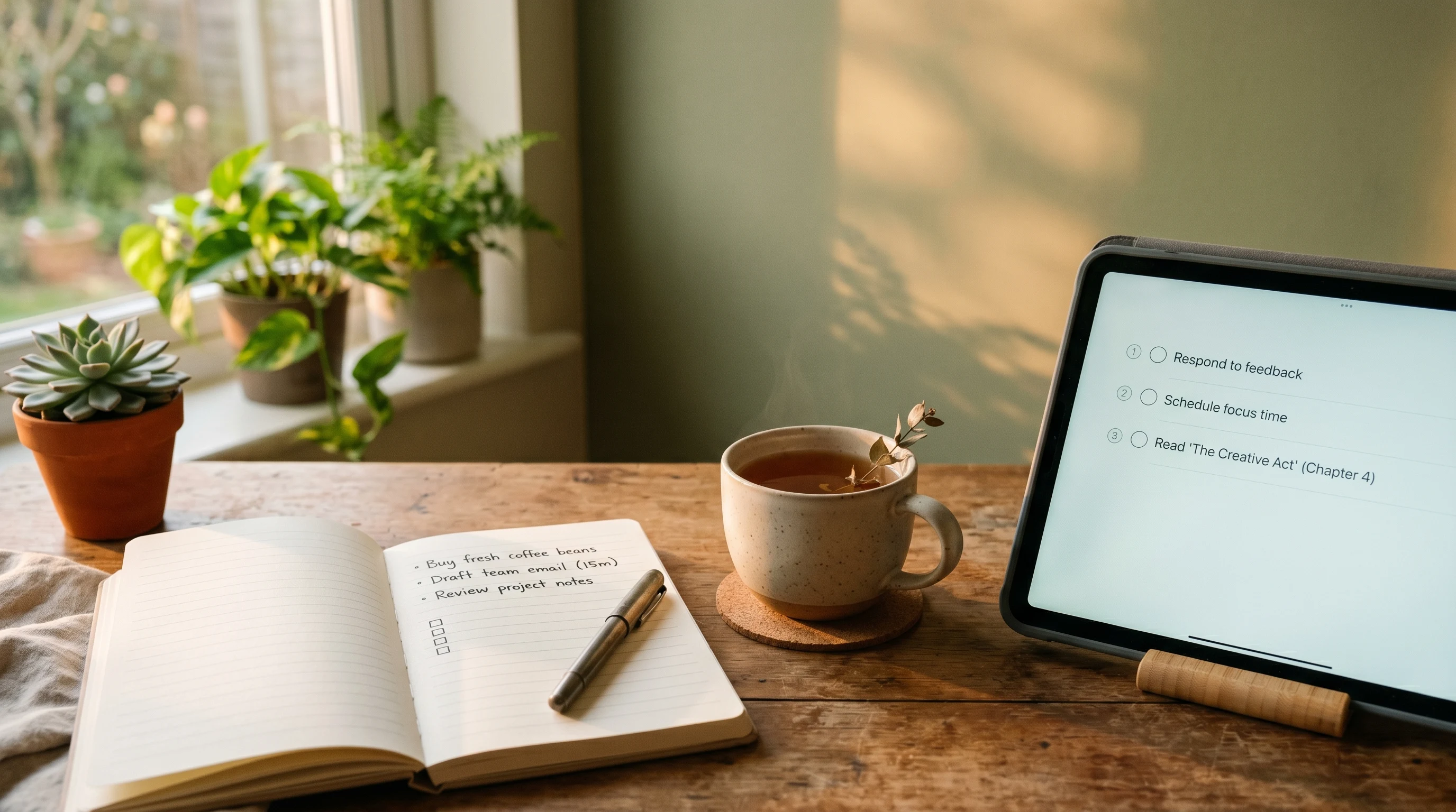Minimalist desk with task list and warm natural lighting representing ai task management