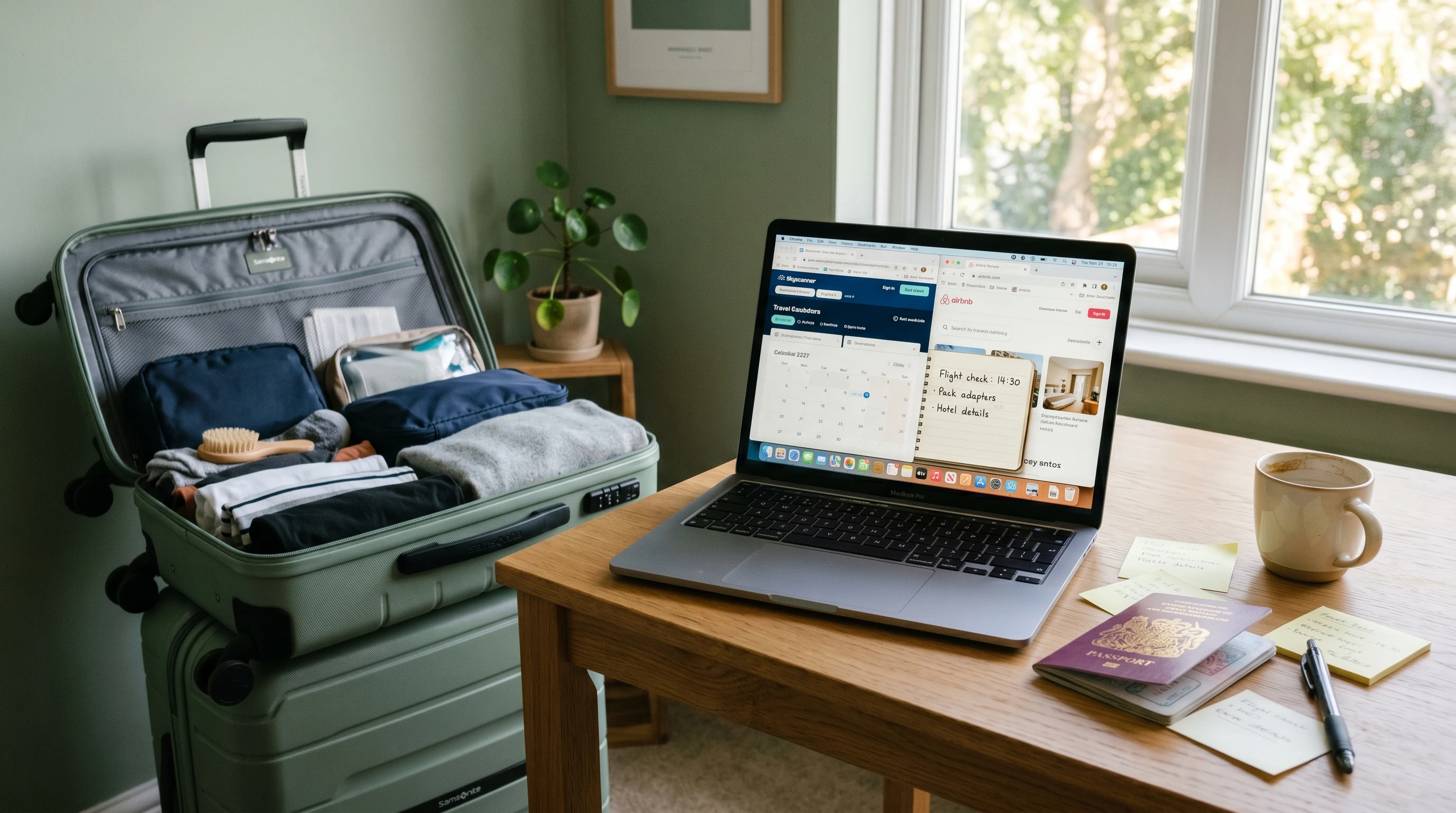 Laptop and travel packing materials on desk showing pre-trip work environment transition