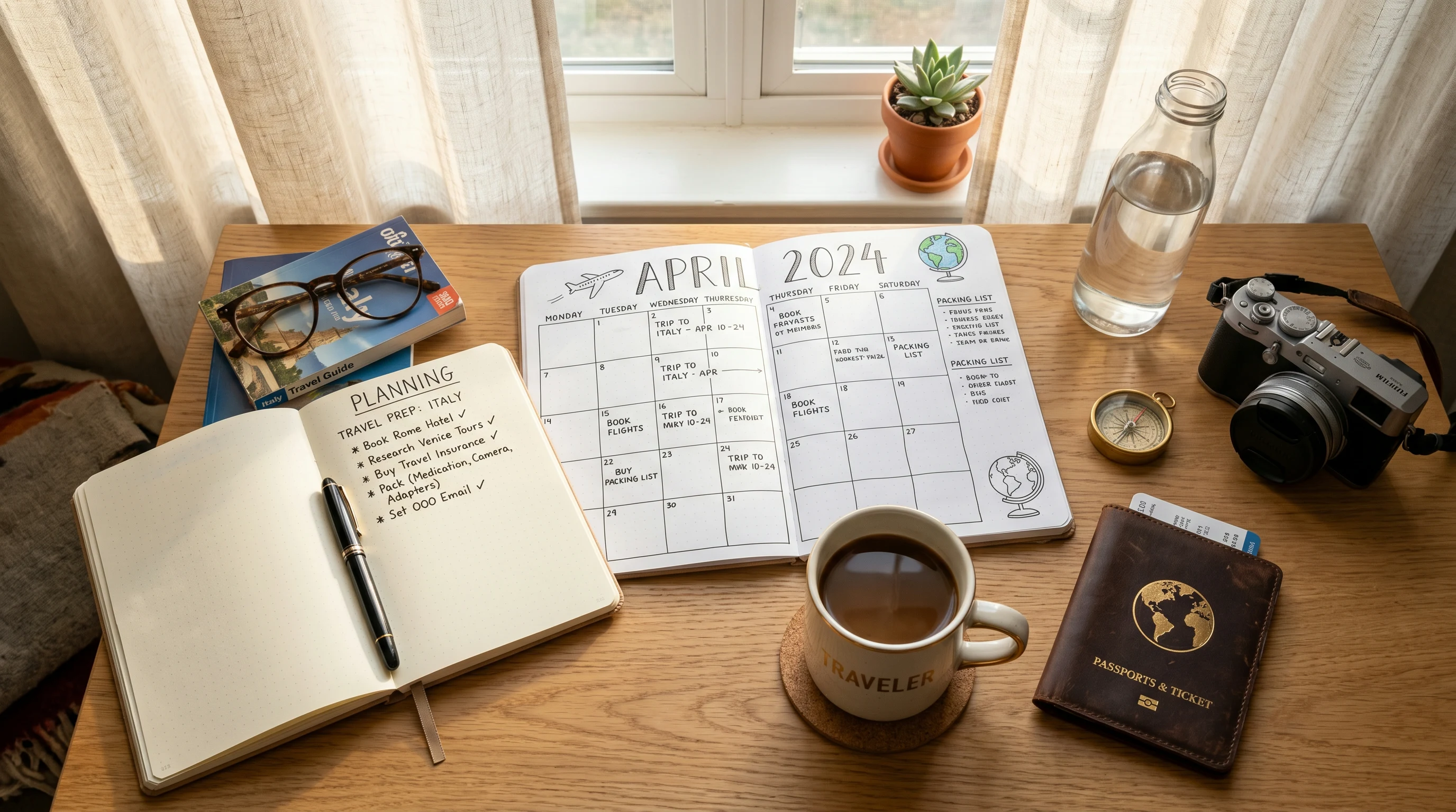 Overhead view of organized planning workspace integrating travel calendar and task management