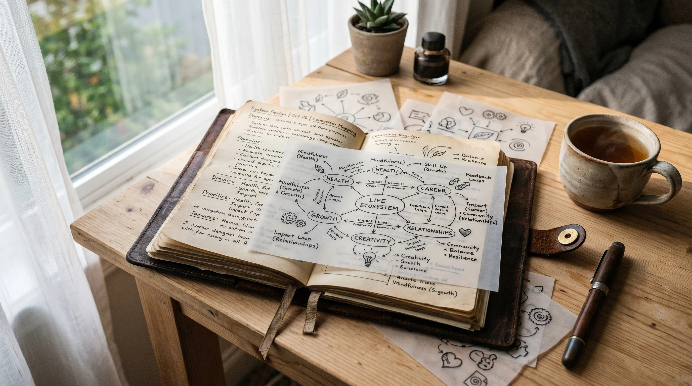 Journal and planning materials showing manual life operating system design and cross-domain connections
